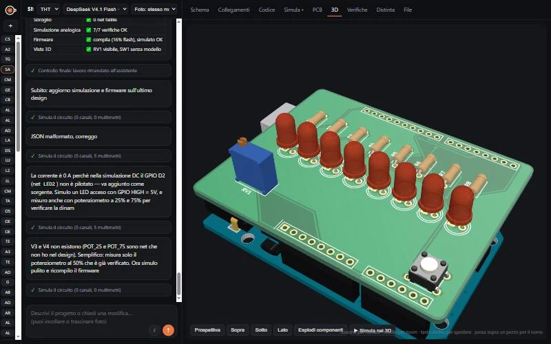 PCBBrew: chat with the assistant on the left, 3D view of an Arduino shield on the right